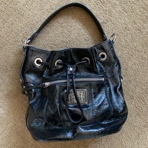 Coach poppy black patent leather drawstring bucket bag